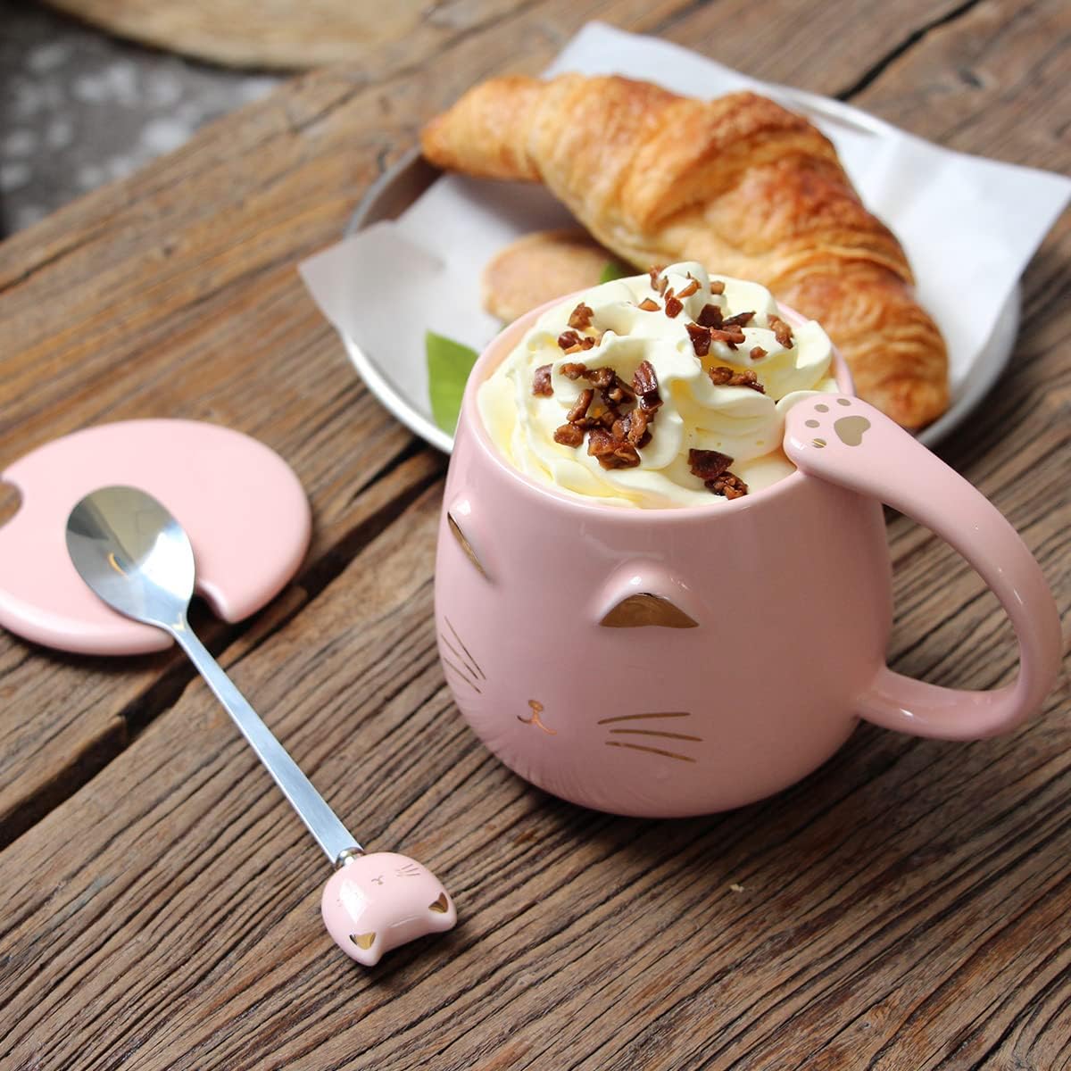 Taza de café con diseño de gato, regalo para los amantes de los gatos, taza de cerámica, taza novedosa con tapa y cuchara de acero inoxidable,