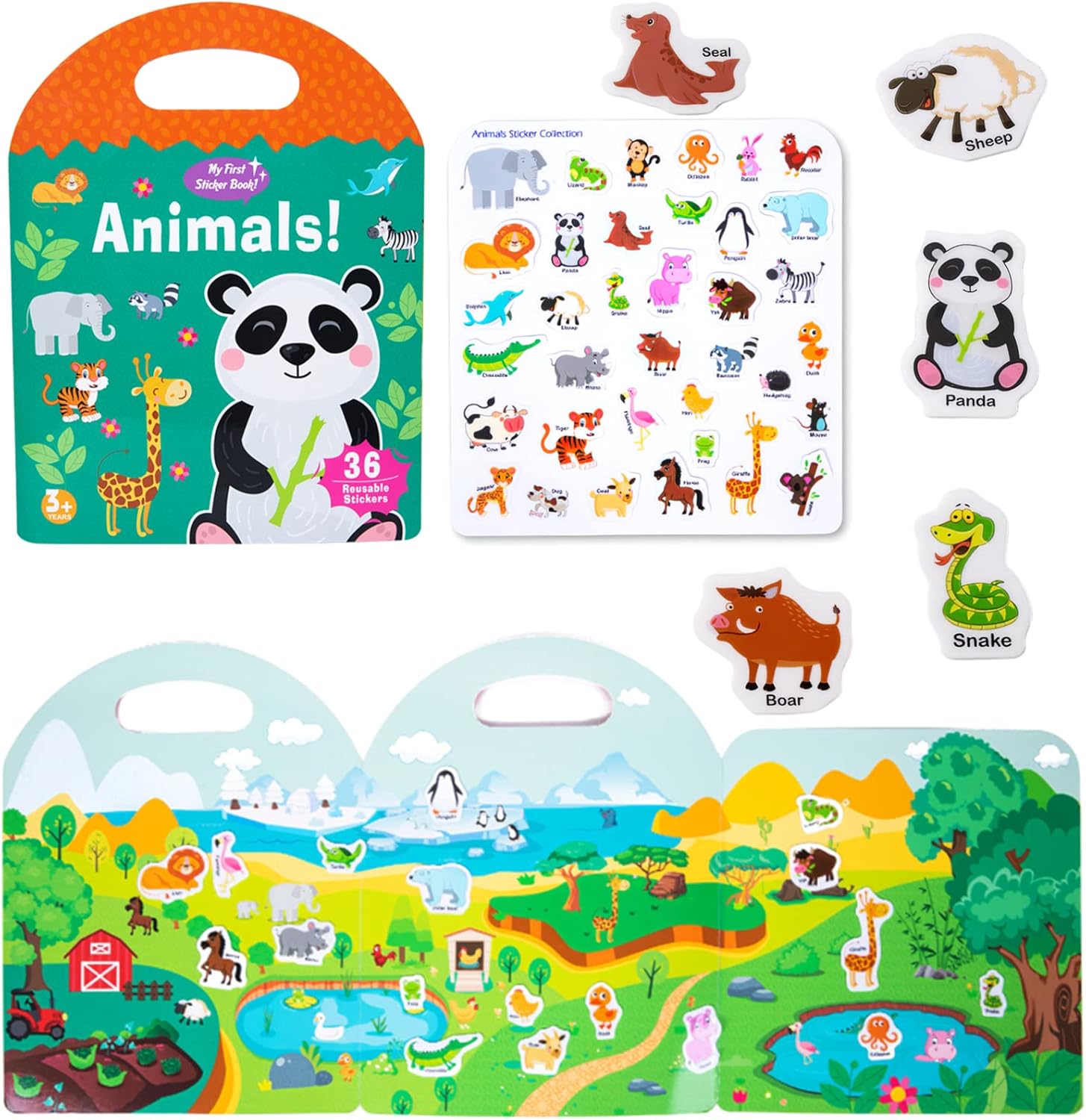 Portable Jelly Sticker Quiet Book for Kids, Reusable Sticker Book for Toddlers, Preschool Learning Activities, Animal Travel Toys (Animals)