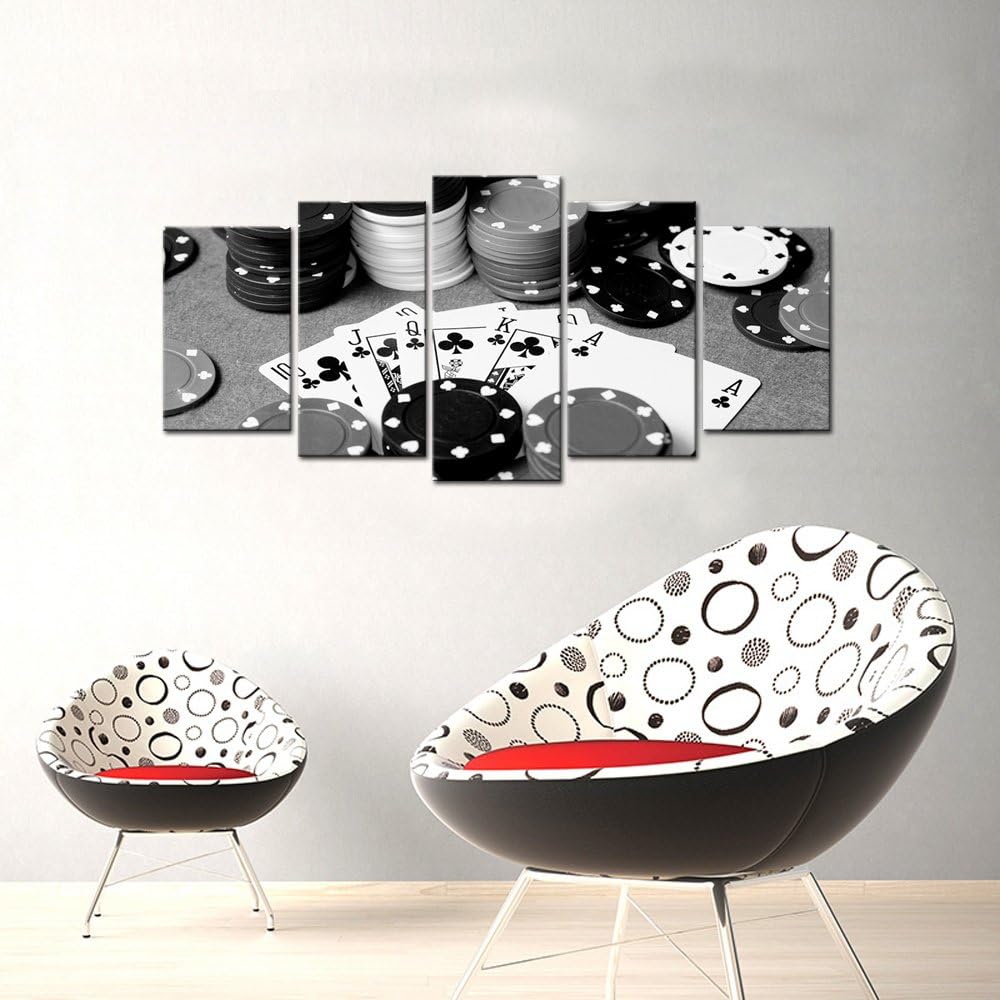 LevvArts – 5 impresiones en lienzo de póquer en blanco y negro, arte de pared para decoración de pared de pub, bar, casino, estirado y enmarcado,