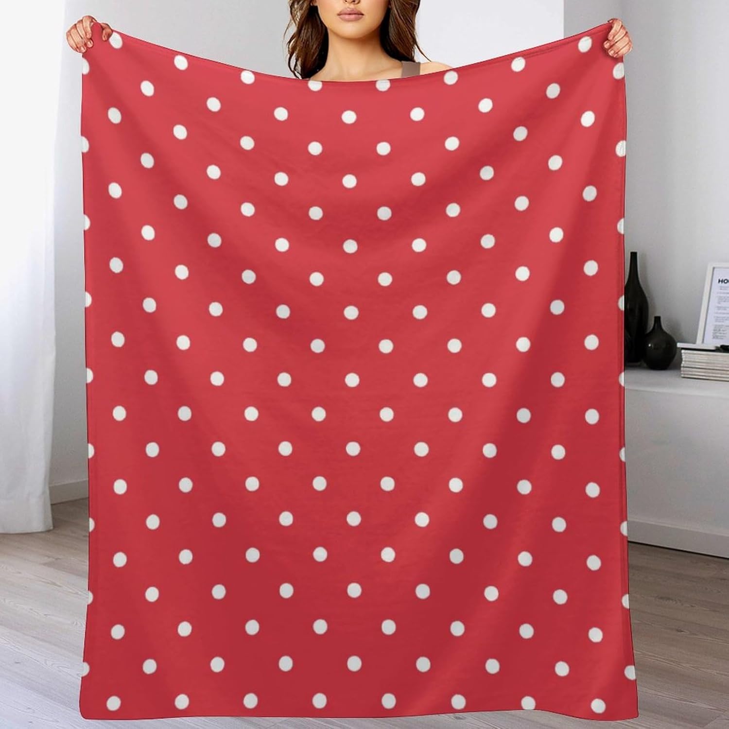 Manta de felpa de lunares rojo y blanco, suave y acogedora, manta de franela para todas las estaciones, para sofá, cama, 50 x 60 pulgadas
