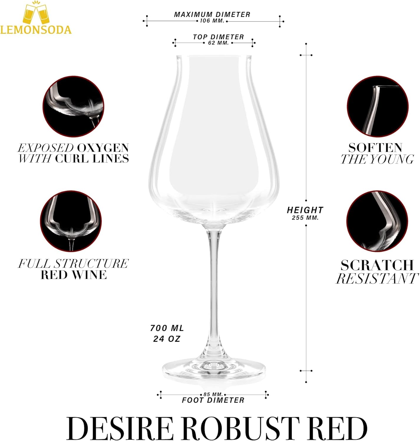 LEMONSODA Copas de vino prémium (Desire Robust Red), copas para Pinot Noir, Merlot, Cabernet Savignon (2 unidades)
