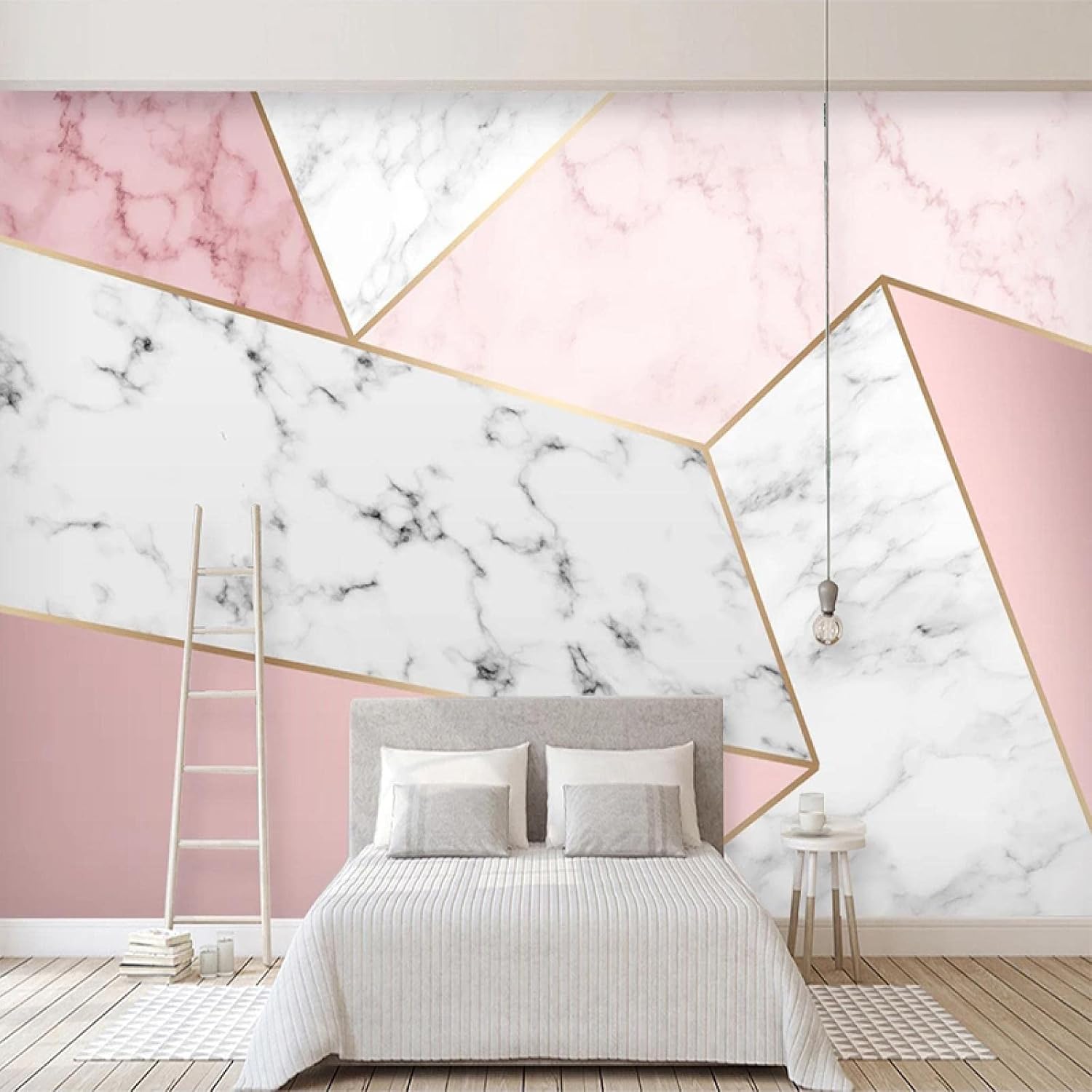 Papel tapiz moderno de mármol 3D de grietas rosas y blancas, cuadros geométricos de rayas doradas, papel tapiz artístico de pintura de pared para