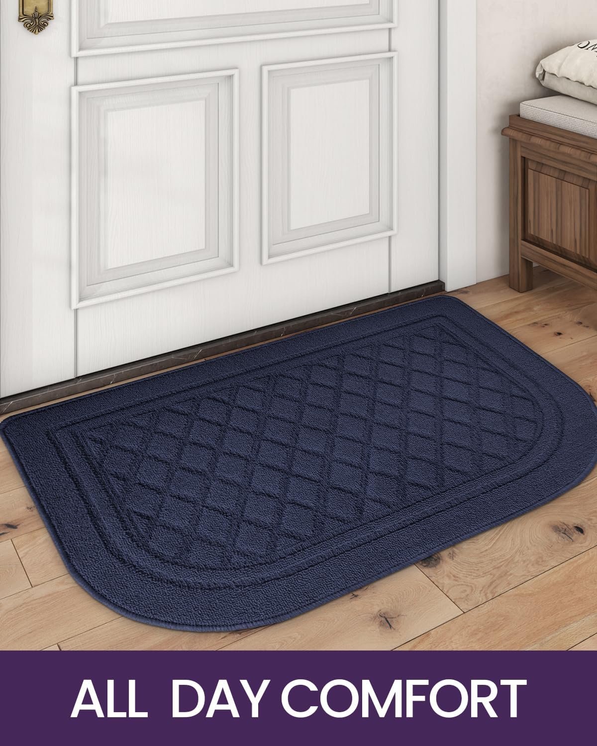 DEXI Tapete para puerta de interior, de perfil bajo, antideslizante, lavable, medio redondo, para entrada, cocina, 24 x 36 pulgadas, color azul