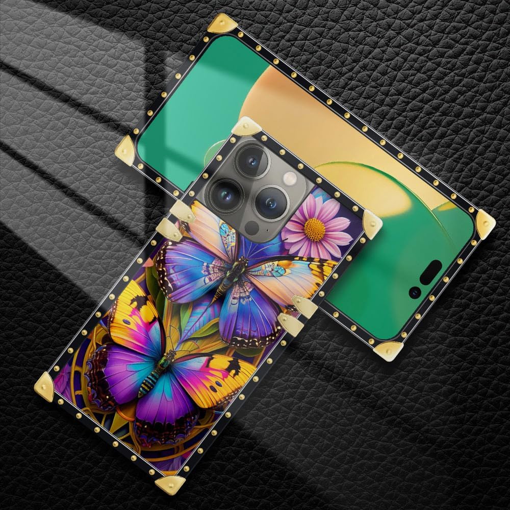 Funda cuadrada compatible con iPhone 15 Pro Max (6.7 pulgadas), hermosa mariposa Flosers dorada, de lujo, suave TPU duro, parte trasera de