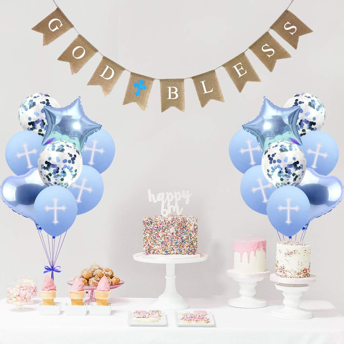 Banner de bautismo con texto en inglés God Bles, decoraciones de bautismo para niño, globos de confirmación, globos de primera comunión, globos