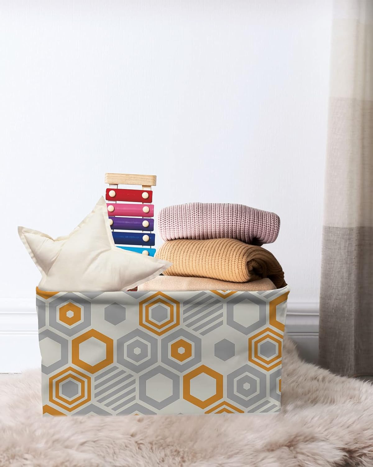 Orange Grey Storage Basket for Organizing Shelves, Collapsible Storage Bins Boxes with Handle, Modern Striped Geometric Abstract Art Canvas Hamper