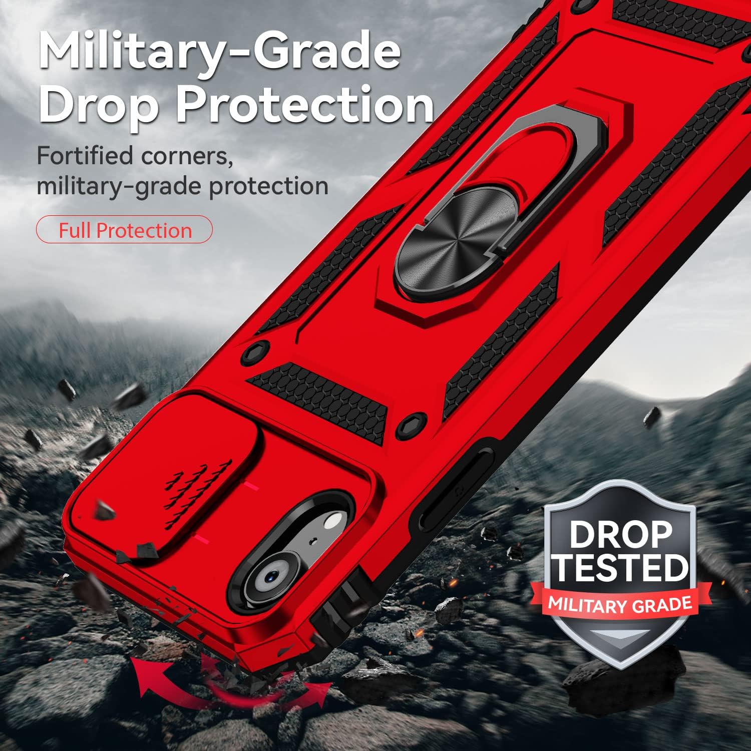 Funda para iPhone XR, con cubierta para lente de cámara, protector de pantalla HD, grado militar anillo de montaje en coche, soporte híbrido de