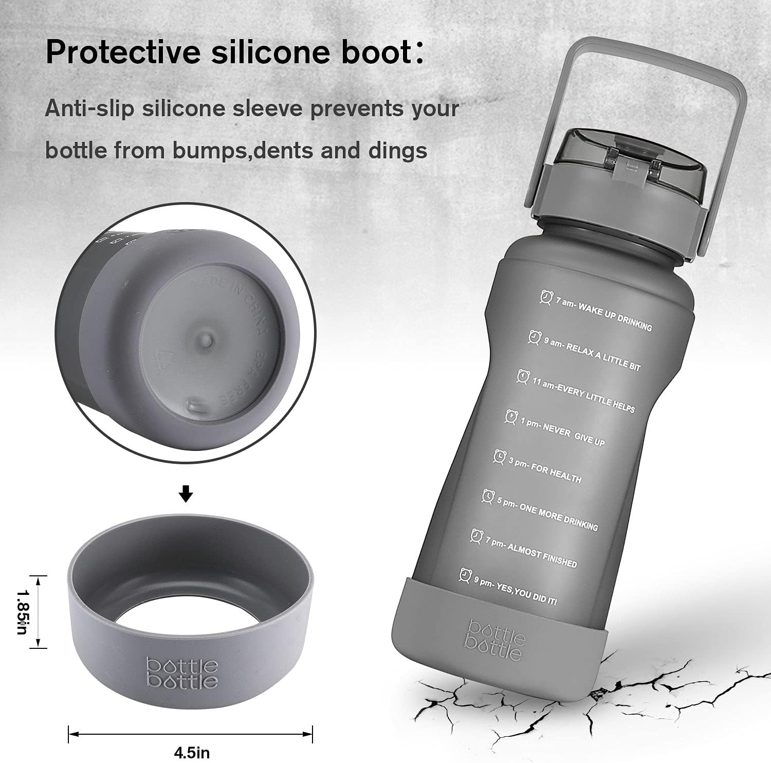 bottlebottle botella de agua motivacional de 64onzas con marcas para los horarios y pajilla, con base protectora de silicona, para entrenamiento y