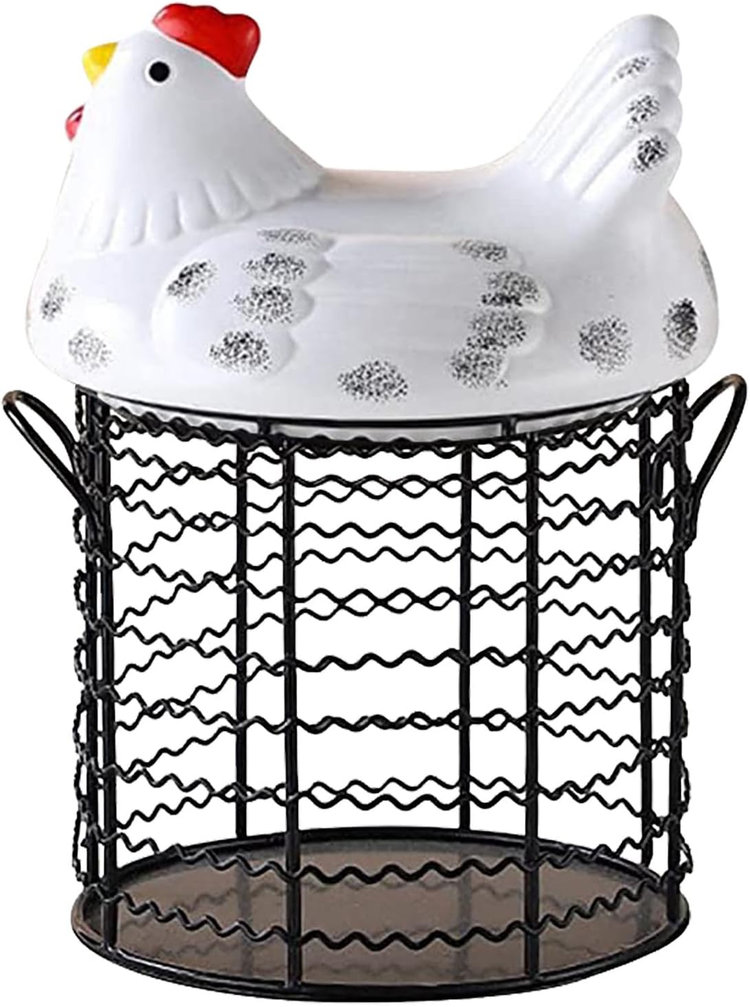 Soporte para huevos para refrigerador, tapa en forma de pollo de cerámica, cesta de alambre redonda, asa inferior, caja de huevos de alambre de