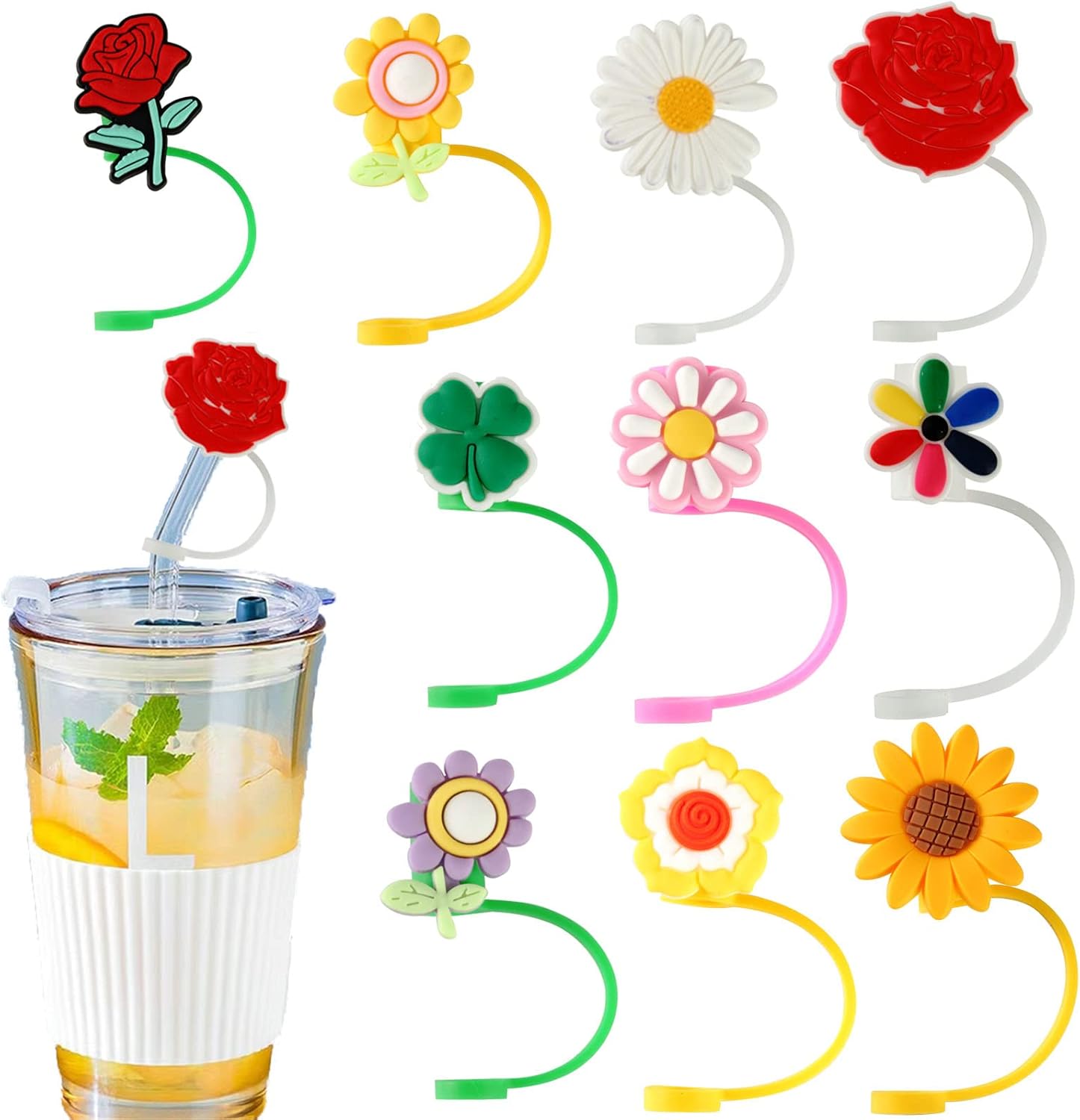 Funda de popote de silicona, 10 tapas de punta de paja reutilizables, tapones de paja de silicona reutilizables con forma de flor, protector de paja