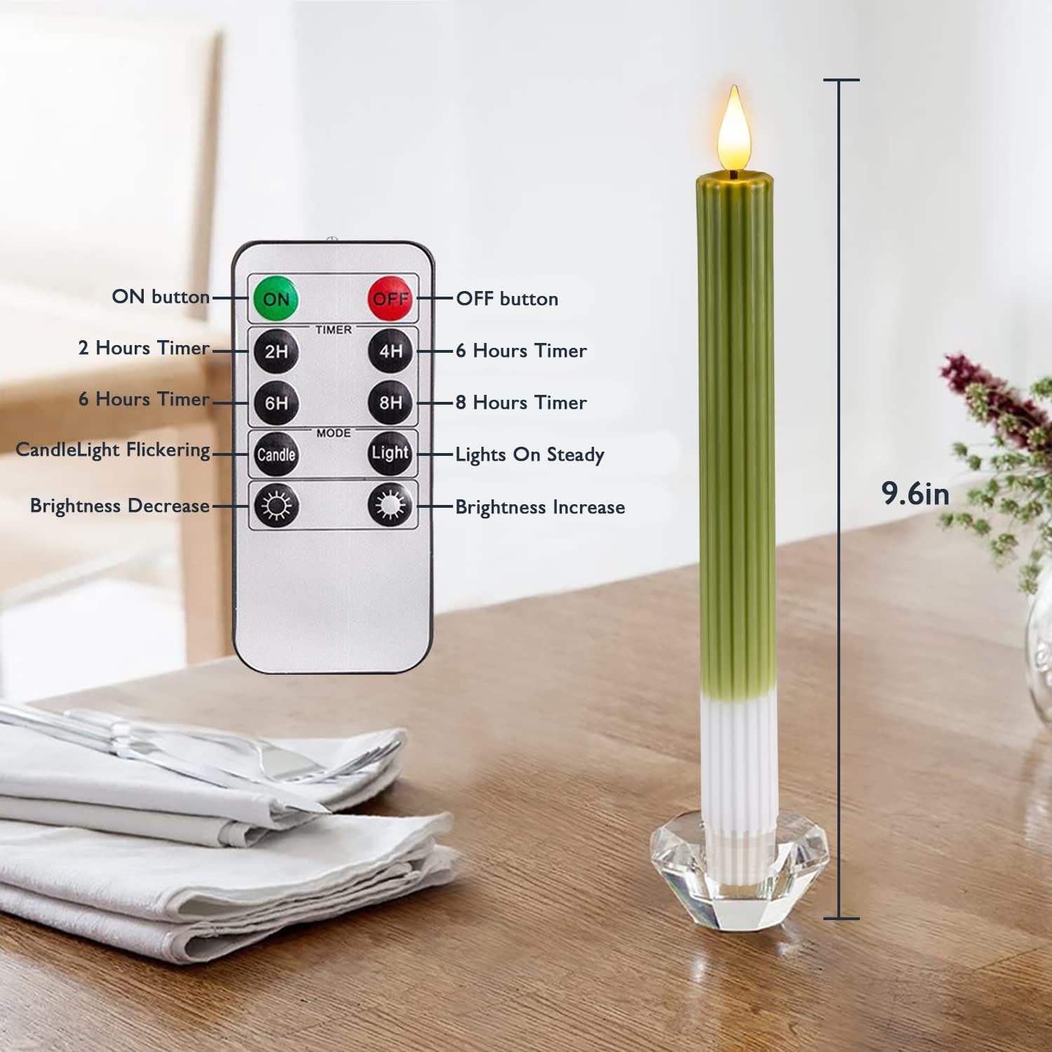Homemory Velas cónicas sin llama a rayas verdes con temporizador remoto, paquete de 6 velas LED de cera real de 9.6 pulgadas, funciona con pilas,