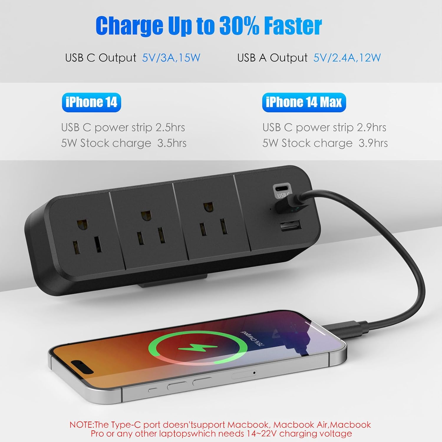 Regleta de alimentación con abrazadera de escritorio con 2 puertos USB-A y 1 USB-C, 3 salidas de CA, cable de 6 pies, se adapta a borde de mesa de