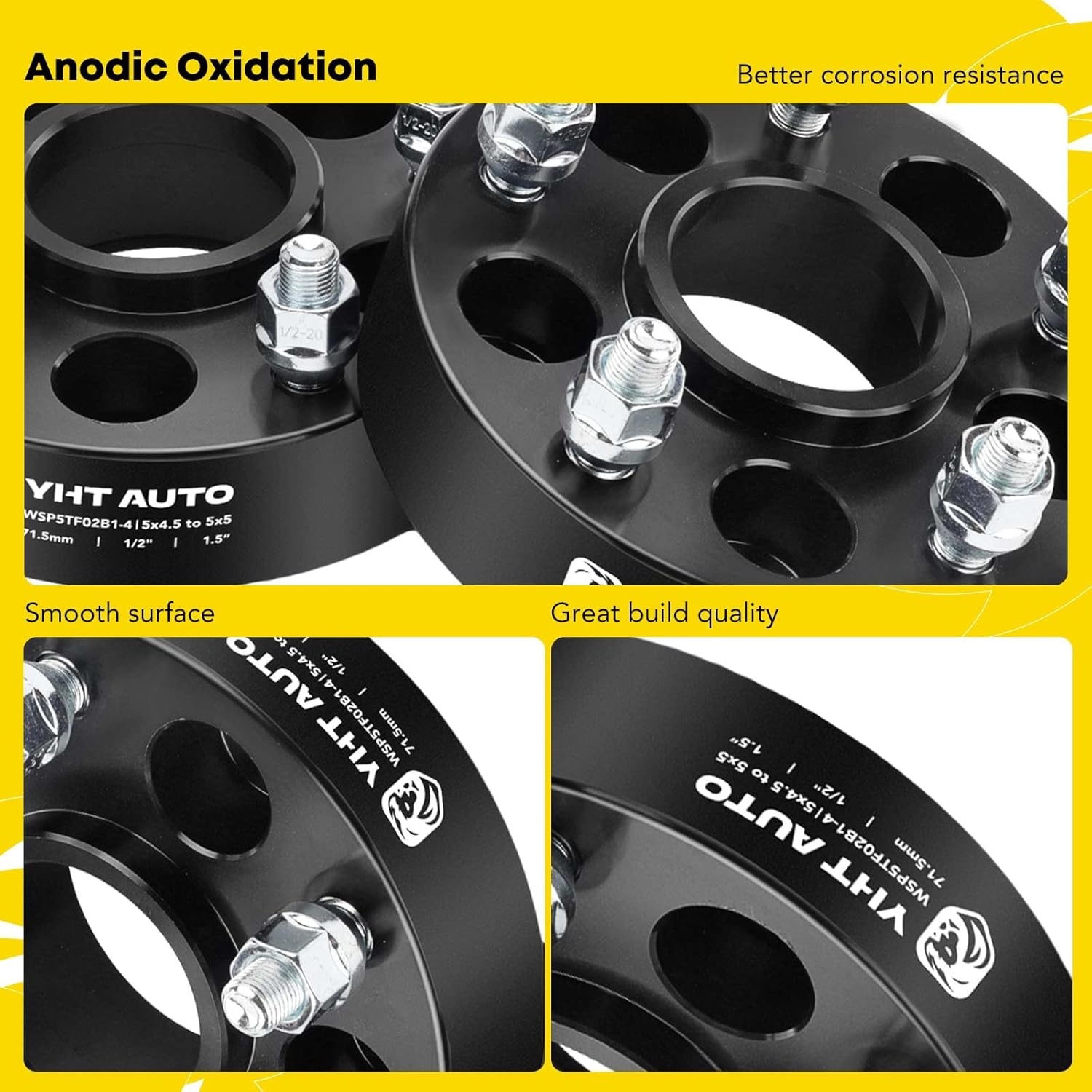YHTAUTO 4 adaptadores de rueda centrados de cubo de 5×4.5 a 5×5 de 1.5 pulgadas, se adapta a XJ, ZJ, KJ, KK, TJ, YJ, Explorer, Mustang, Ranger, Town