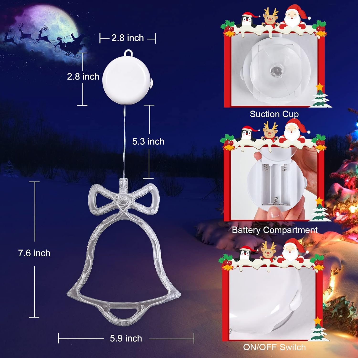 LOLStar Decoración de ventana de Navidad, paquete de 3 cascabeles, árbol de Navidad, copo de nieve con ventosa, función de temporizador y modo de