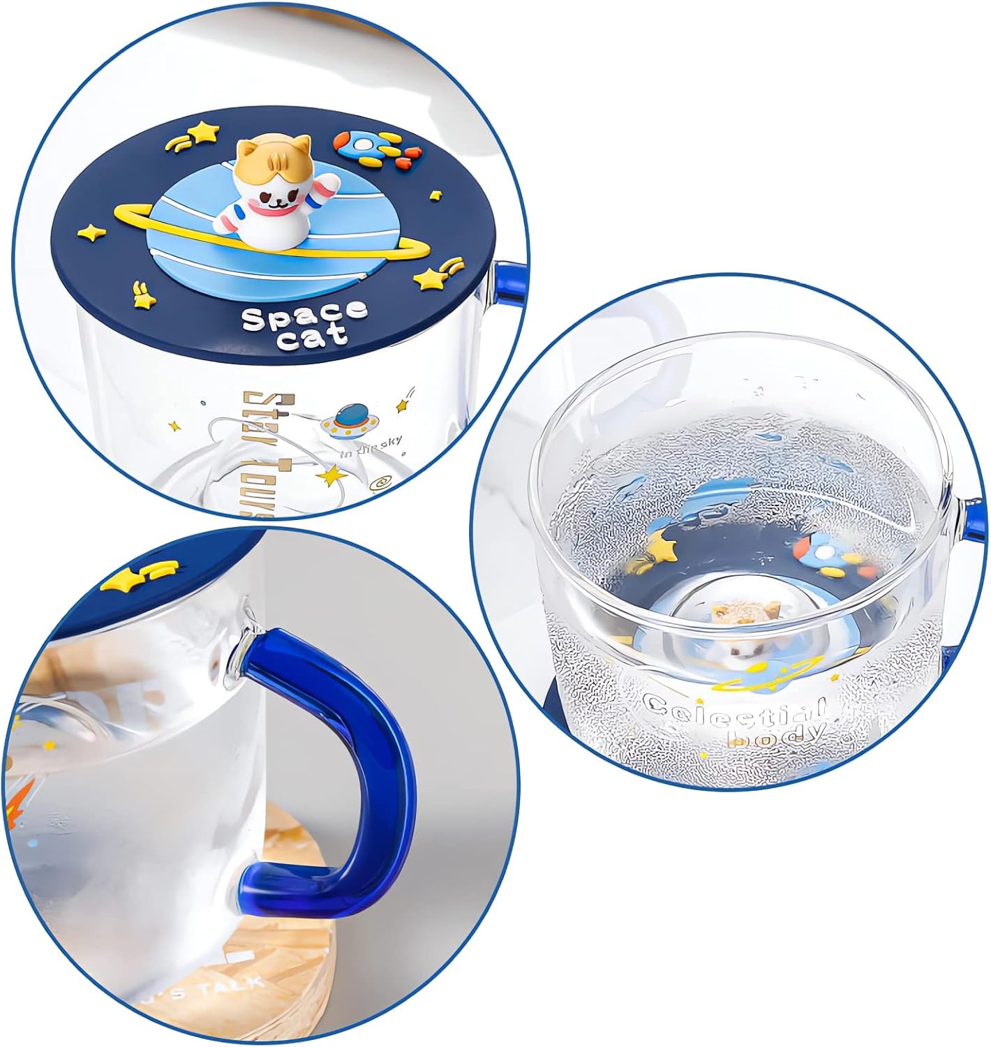 Zappazoso Bonita taza de café de cristal con tapa de silicona Kawaii Cat para café, té, leche, decoración estética de habitación, regalo divertido