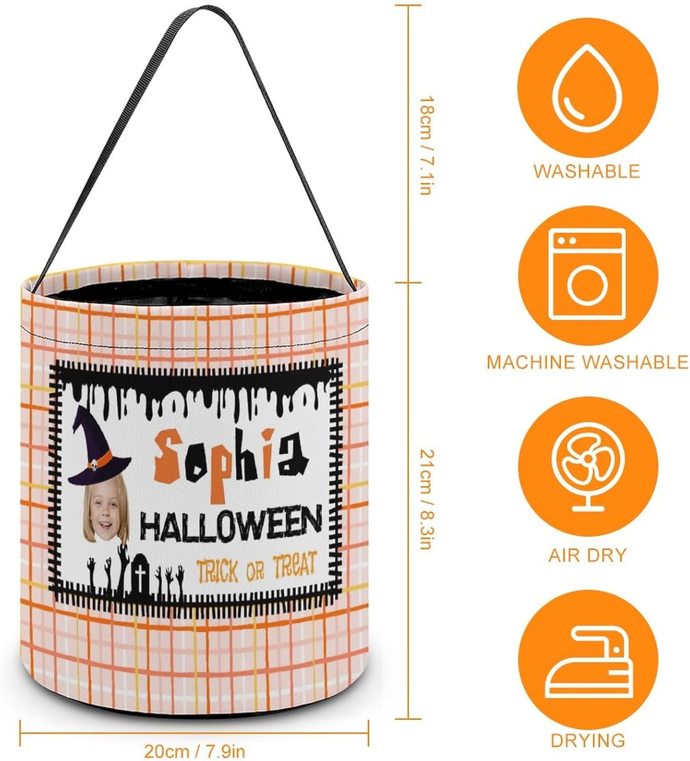 Artsadd Canasta de dulces de Halloween personalizada con foto con nombre, bolsa personalizada para pedir dulces o truco, cubo para dulces para