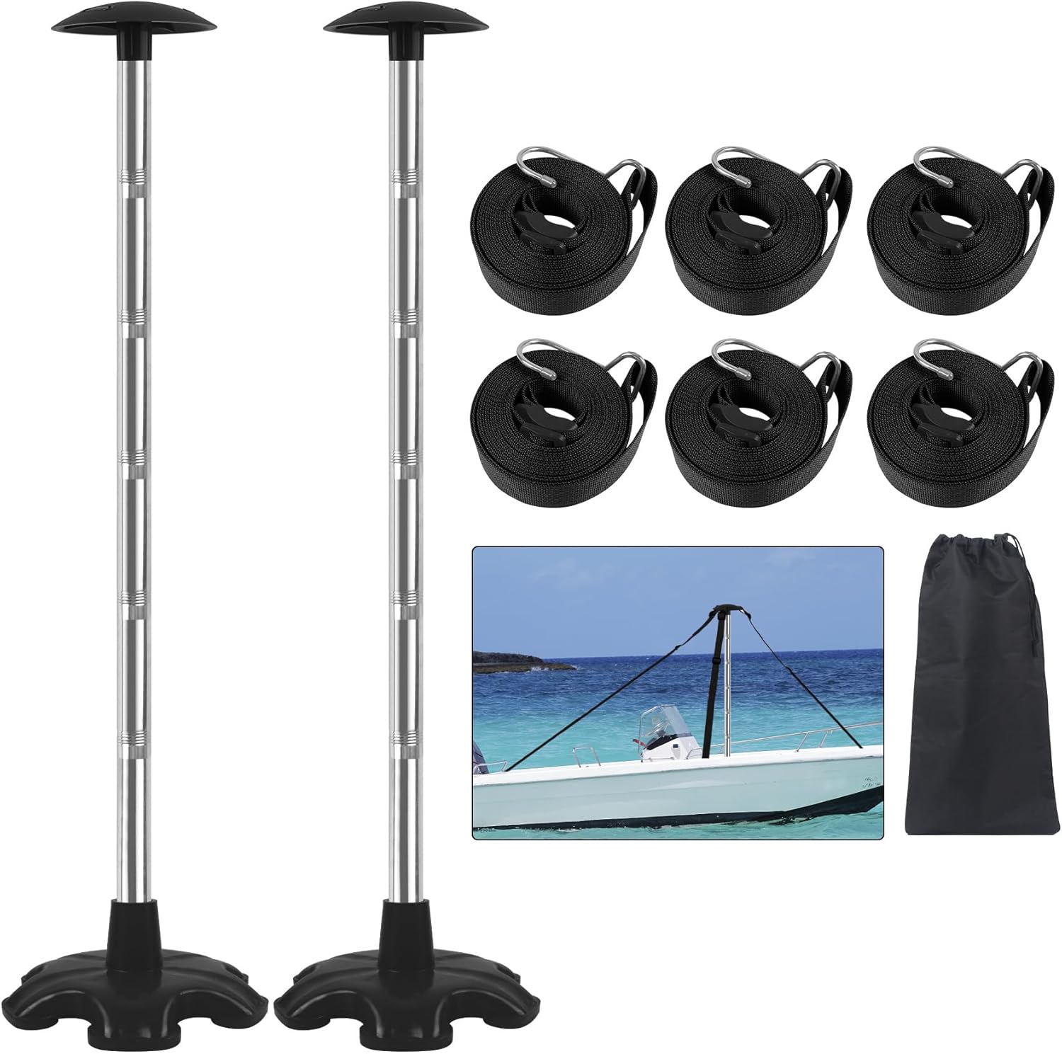 Paquete de 2 postes de soporte para cubierta de barco, poste de soporte de acero inoxidable ajustable en altura con base de goma, sistema de soporte