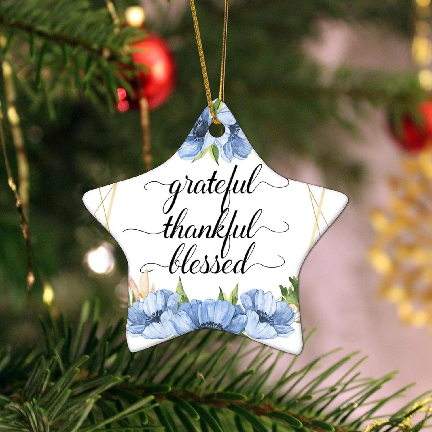 Corona floral Grateful Thankful Blesed, adorno decorativo de estrella plana de cerámica para decoración de árbol de Navidad, adorno de compromiso de