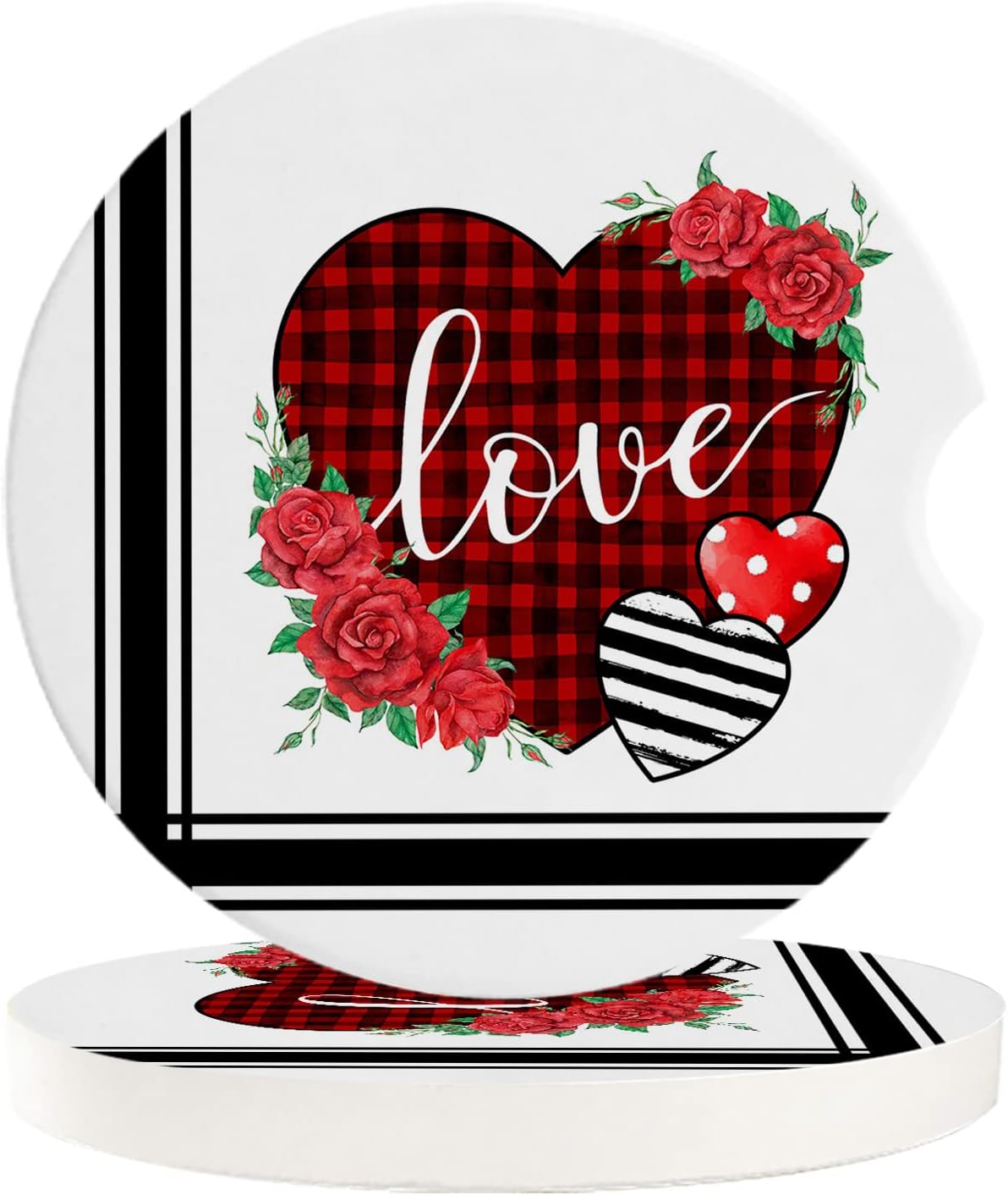 2 Packs Car Cup Holder Coaster, Valentine’s Day Rose Flower Love Heart Buffalo Plaid Stripe Universal Fashion Car Cup Holders for Women Men