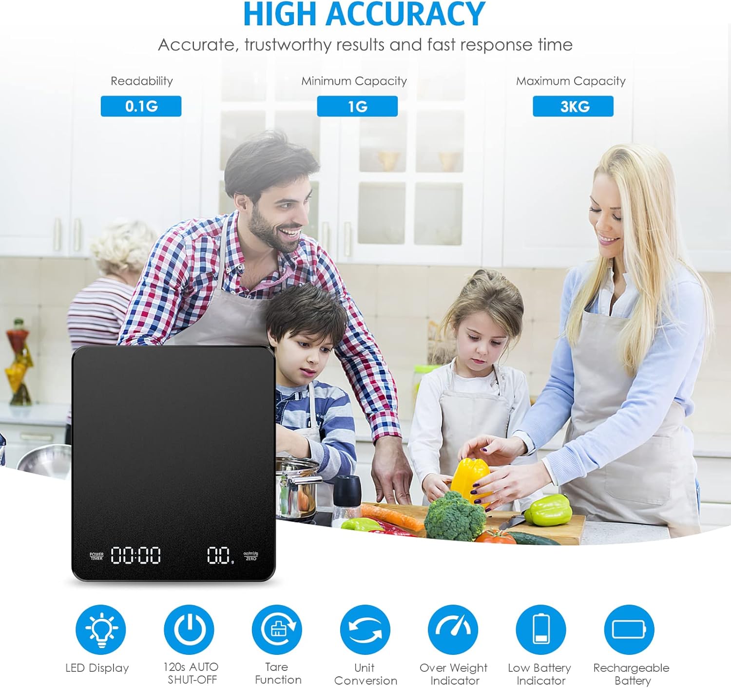 AMIR Báscula digital de cocina con temporizador, escala de goteo de espresso de alta precisión de 6.6 lbs0.00 oz, báscula de café portátil