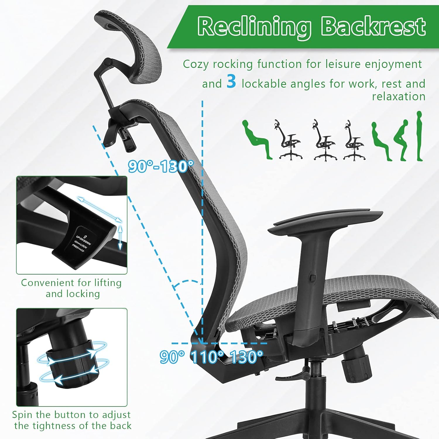 BestComfort Silla de oficina de malla con respaldo alto, silla ejecutiva ergonómica con ángulos reclinables ajustables, soporte lumbar,