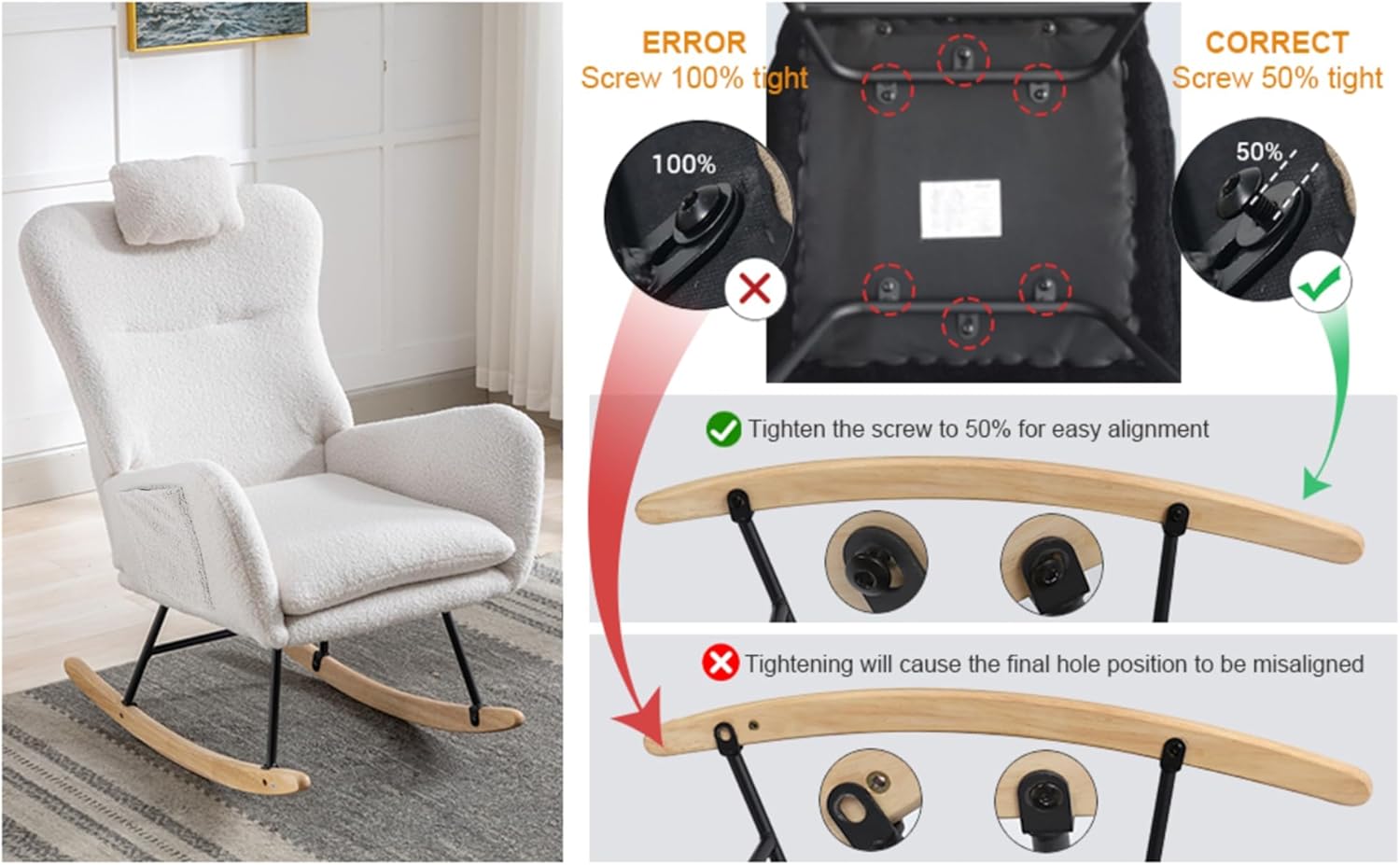 35.5 inch Rocking Chair with Pocket, Soft Teddy Fabric Rocking Nursery Chair, Comfy Wingback Glider Rocker with Safe Solid Wood Base for Living Room