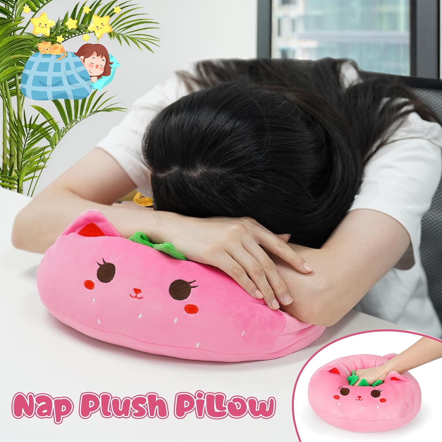 Almohada de felpa con diseño de gato de fresa de 12 pulgadas, lindo animal de peluche de gato rosa, juguete de peluche suave para niños, niñas y