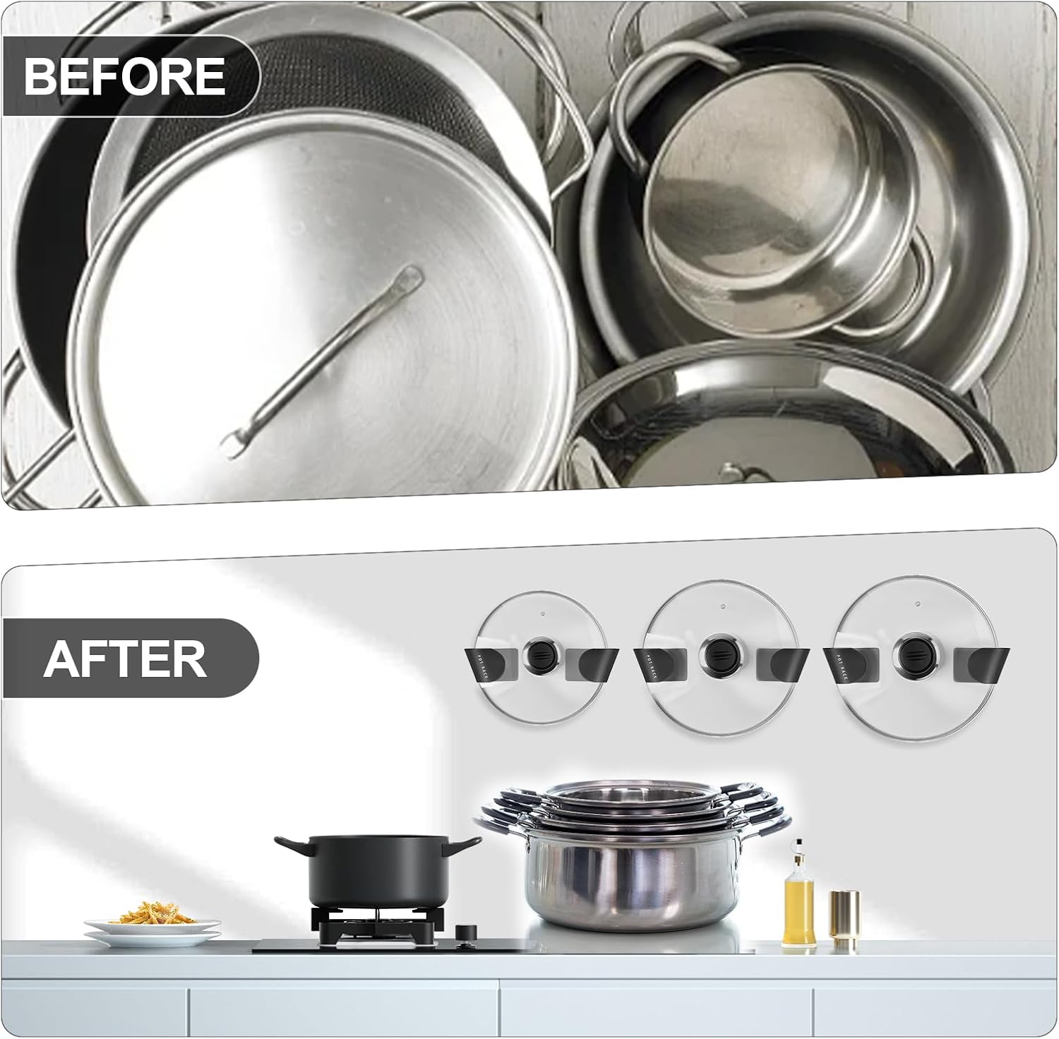 Organizador universal de tapas de olla para gabinete, 4 tapas de sartén para puertas de gabinete, soporte superior para armario de cocina,