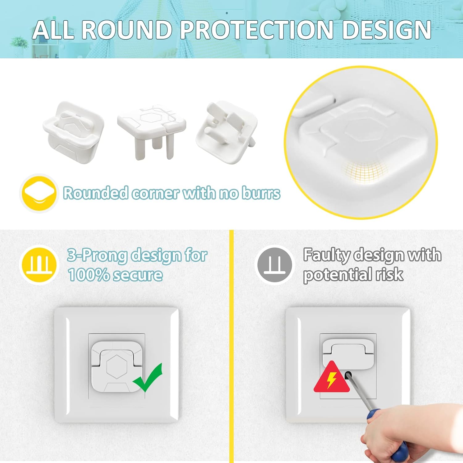 4our Kiddies Cubiertas de toma de corriente a prueba de bebés (paquete de 60) – Protectores de enchufe eléctrico de seguridad infantil para evitar