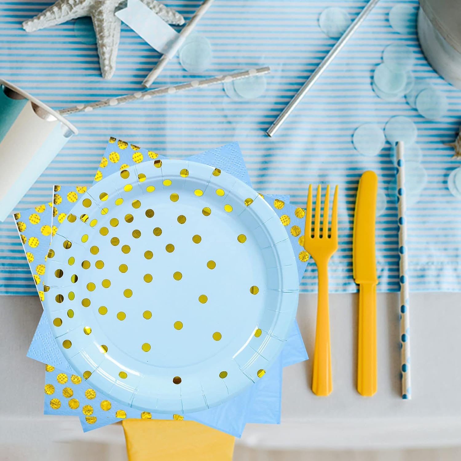 Platos y servilletas de papel azul dorado  Platos de postre de 25 x 7 pulgadas y servilletas de 25 x 6.5 pulgadas, platos de papel azul para fiestas