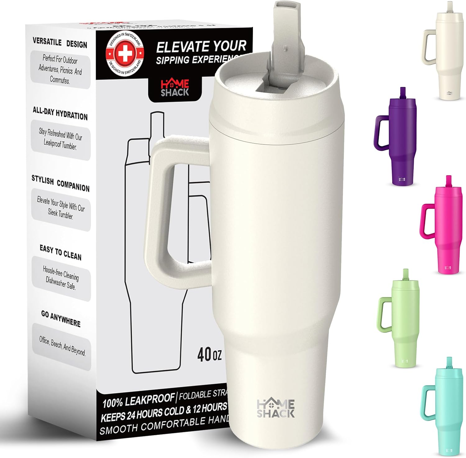 HOMESHACK Vaso de 40 onzas con asa y tapa plegable con popote  Botella de agua de acero inoxidable aislada a prueba de fugas  Taza de viaje para