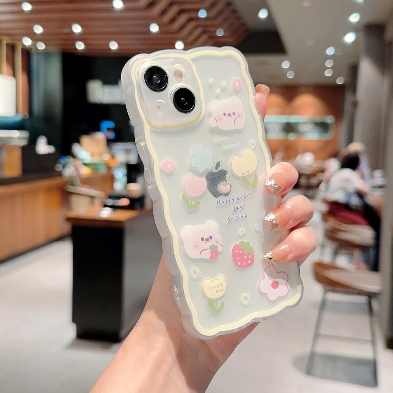 Funda compatible con iPhone 15, bonito diseño floral de dibujos animados de oso y mariposa para mujeres y niñas, funda estética kawaii delgada y