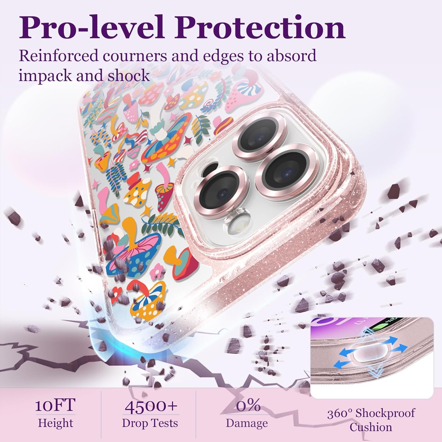 casevivid Funda compatible con iPhone 15 Pro Max, bonita estética, funda de teléfono rosa con purpurina y protector de cámara, funda con estampado