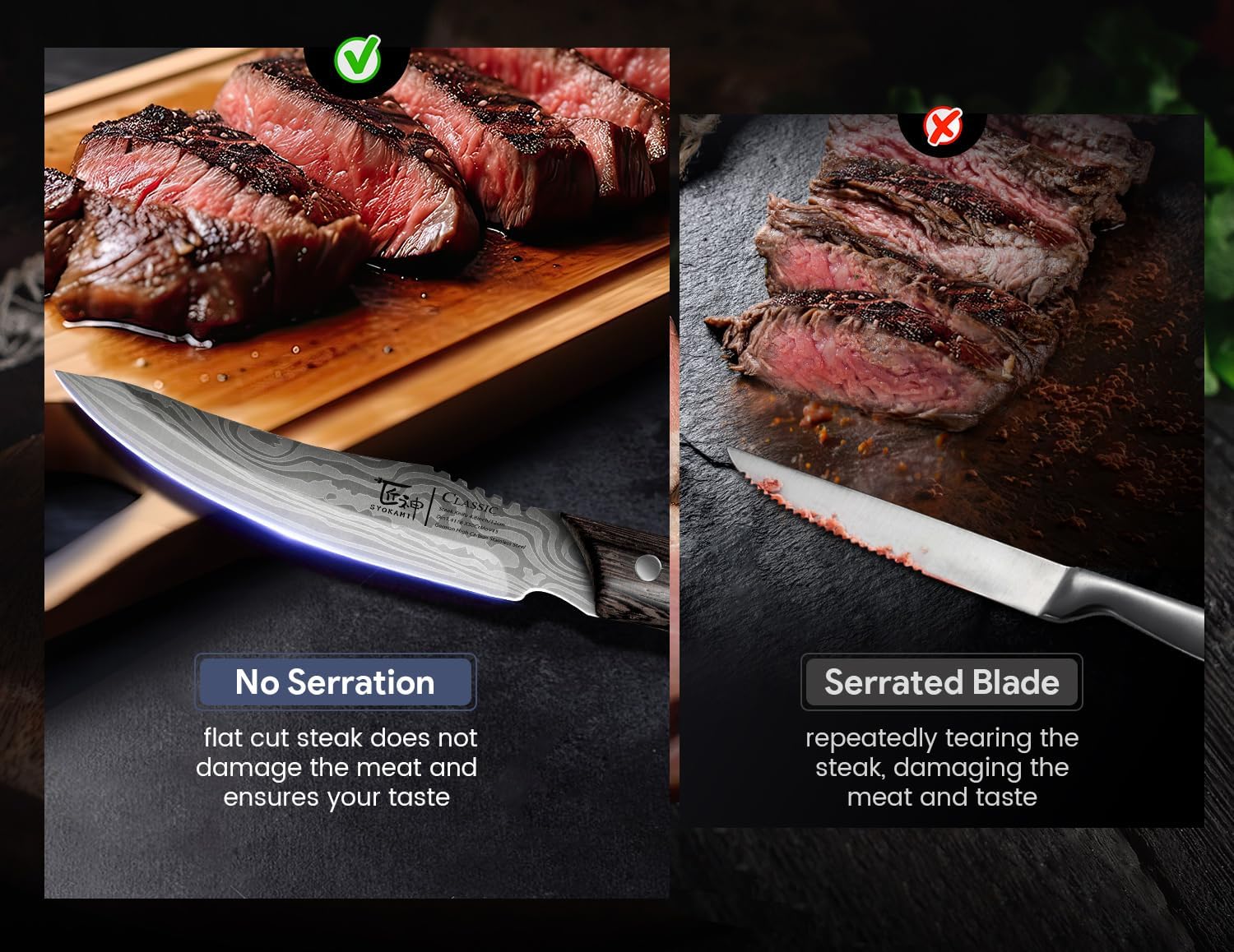SYOKAMI Juego de 8 cuchillos para carne, de acero inoxidable japonés de alto carbono, sin dentar, con mango de madera, diseño de damasco con espiga