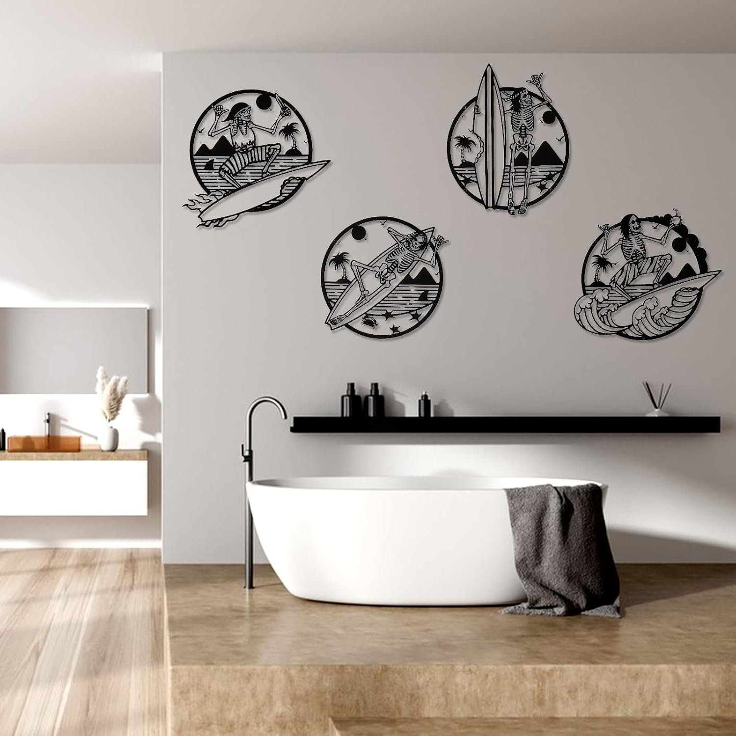 4 piezas de arte y decoración de pared de esqueleto, divertida decoración de pared de metal de calavera, decoración de pared de Halloween, arte de
