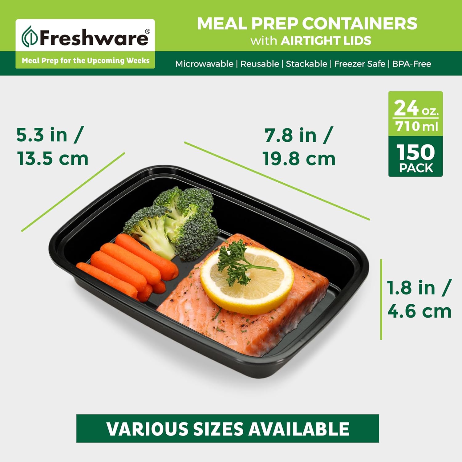 Freshware Contenedores de preparación de comidas paquete de 150 1 compartimento con tapas, contenedores de almacenamiento de alimentos, caja Bento,