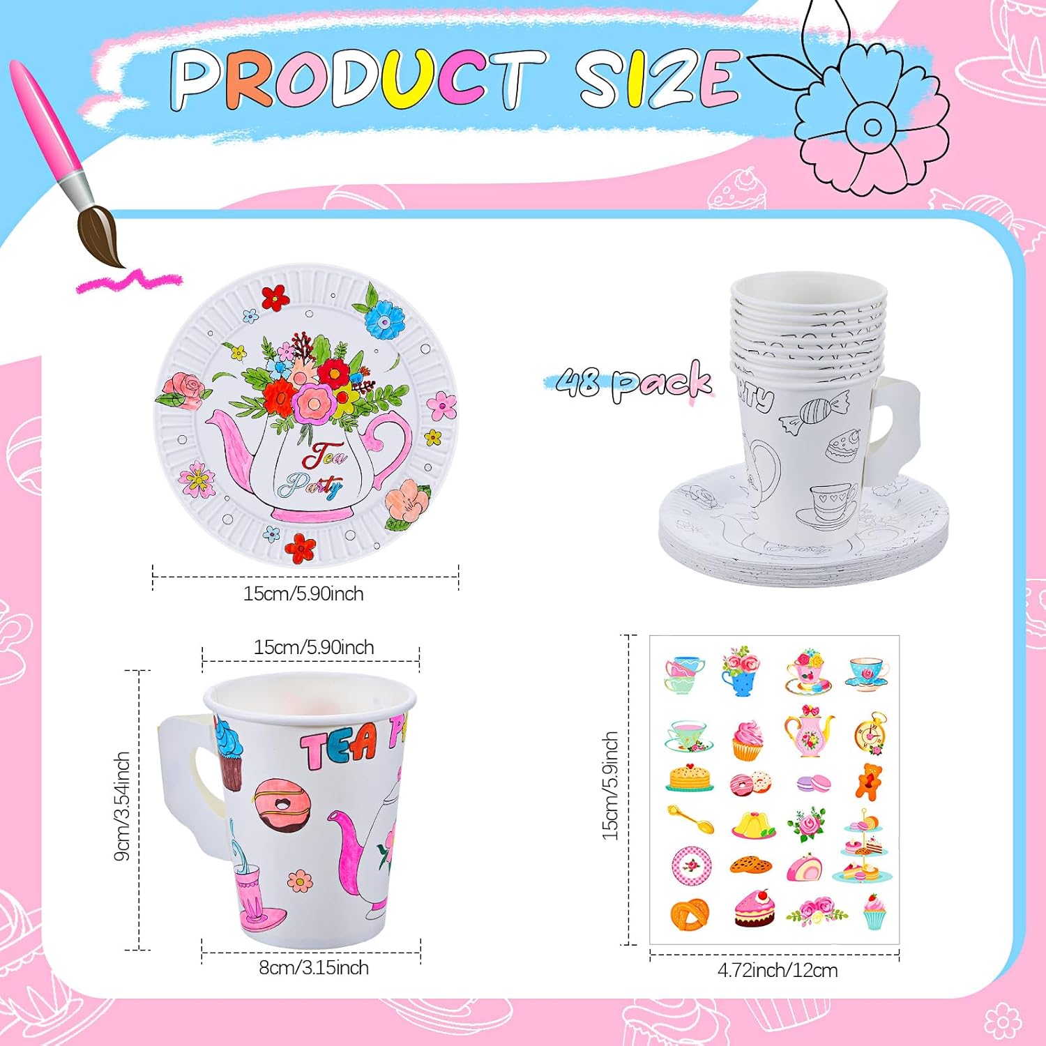 Tazas de té de papel con asa, tazas desechables para colorear para niños, tazas de té y platos de papel floral, calcomanías para fiestas de té,