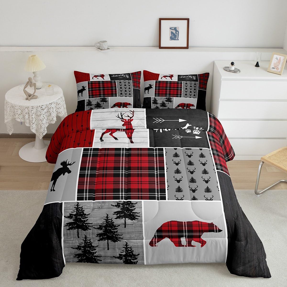 Juego de edredón de oso de ciervo y cuernos para niños, tamaño matrimonial, juego de ropa de cama de retazos con flechas bohemias para niños, niñas