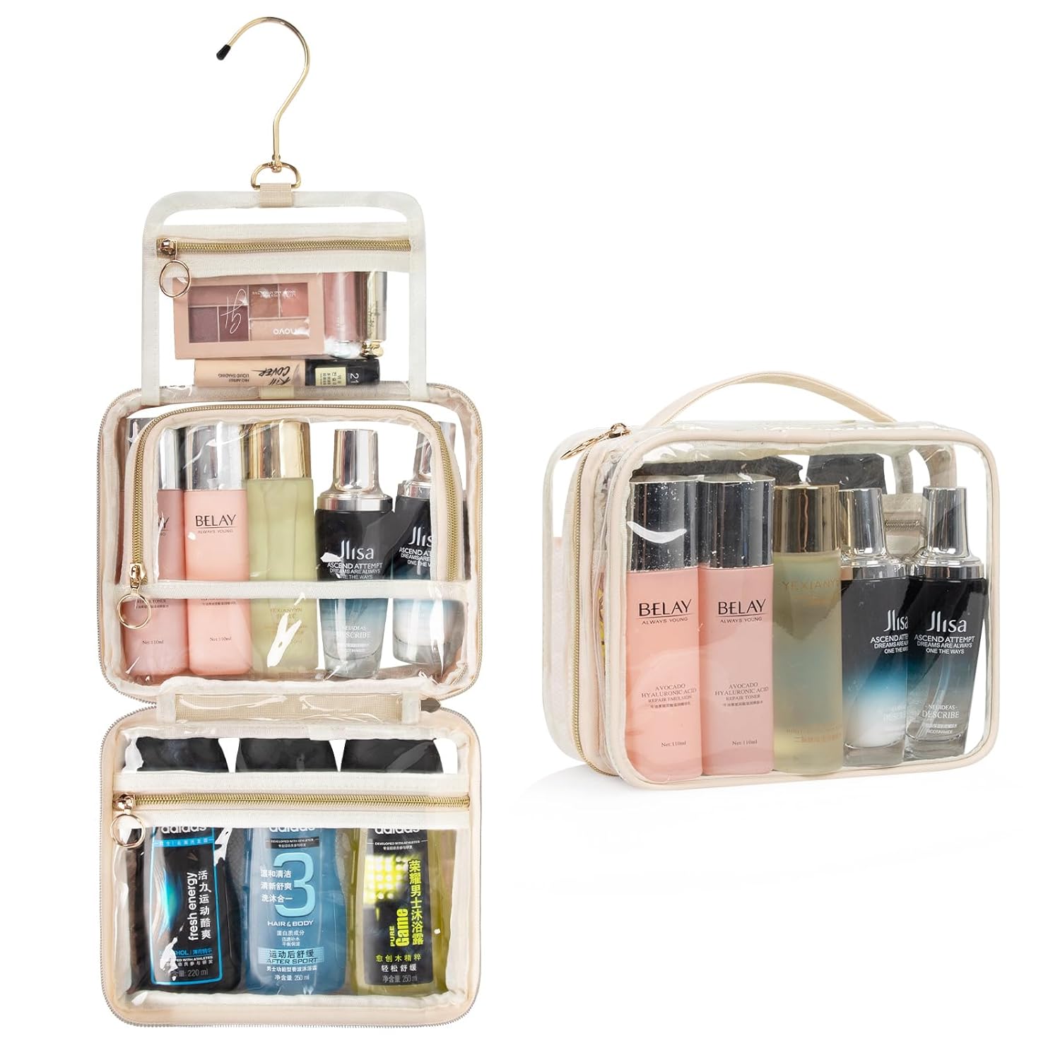 CUBETASTIC Bolsas de maquillaje transparentes, bolsa de aseo para artículos de tocador, bolsa de viaje colgante para artículos de tocador, 3