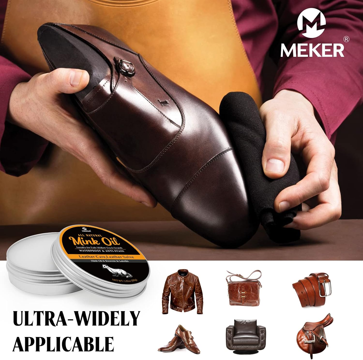MEKER Aceite de visón para botas de cuero, acondicionador y limpiador de cuero, 3.52 onzas, totalmente natural, impermeable, suaviza y restaura