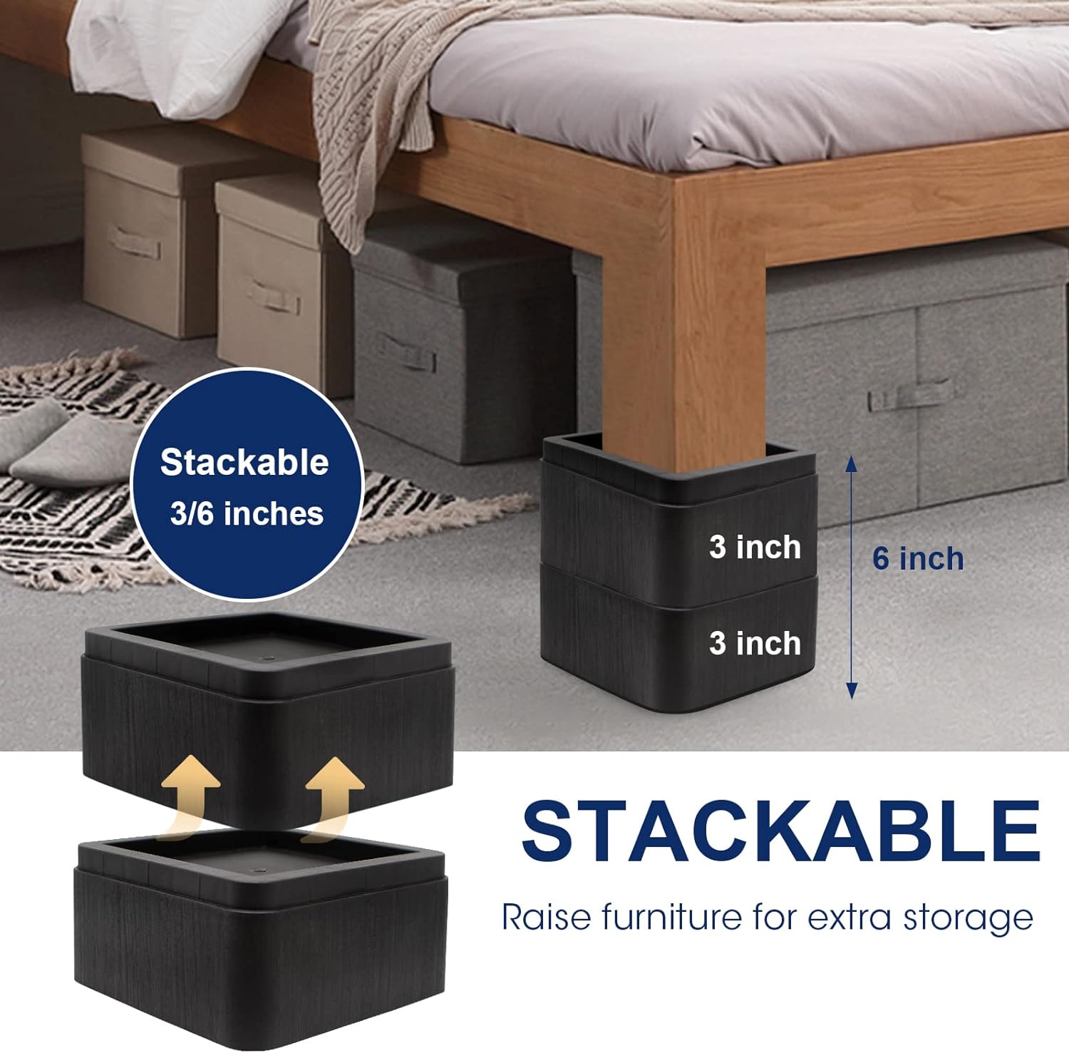 Elevadores de cama de 3 pulgadas, de gran tamaño, para patas de hasta 5.5 pulgadas, soporte resistente de 6000 libras, bloques de elevación de cama