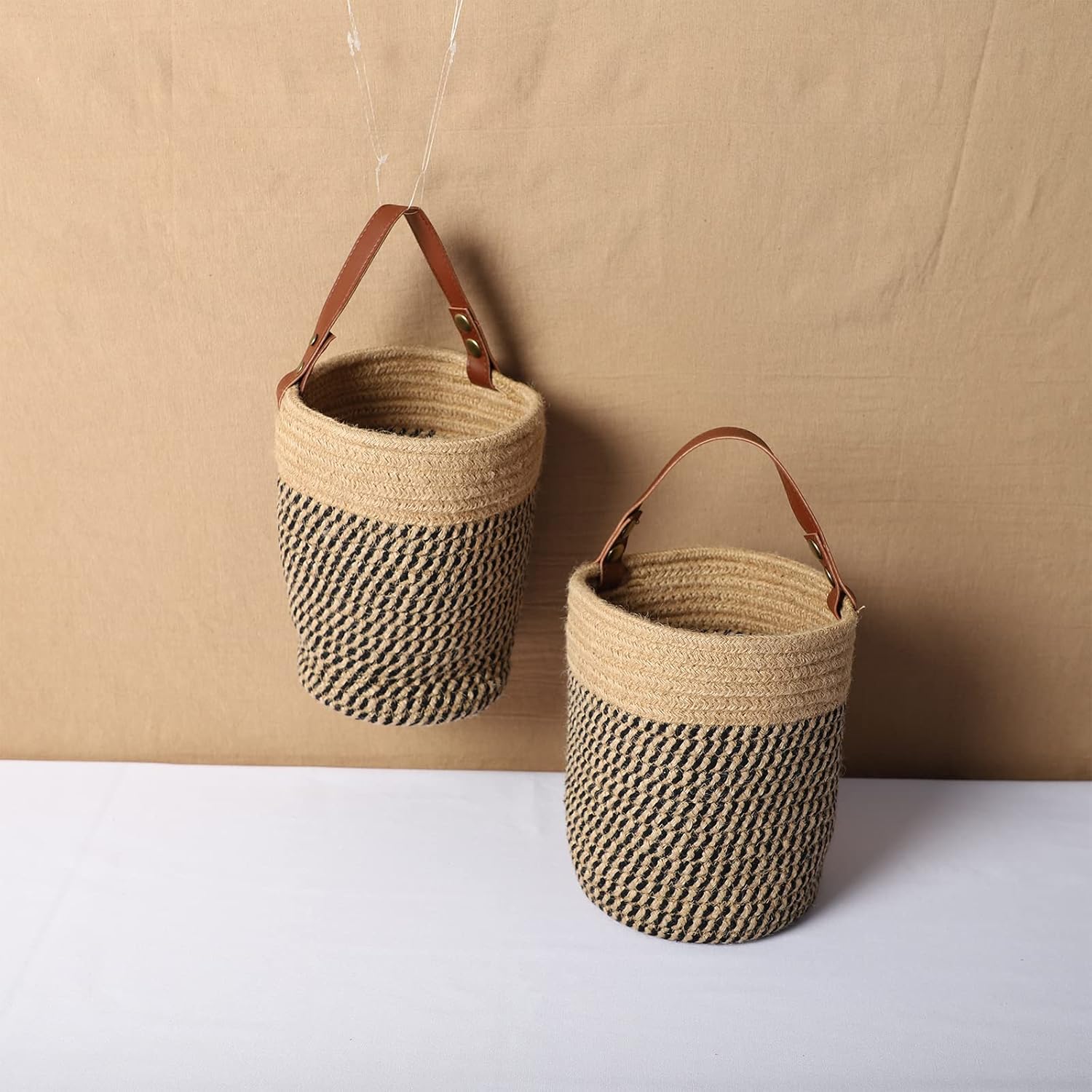 Cesta colgante (2 piezas) cesta de almacenamiento de cuerda de algodón tejida en la pared con cestas decorativas de cuero, organizador para cocina,