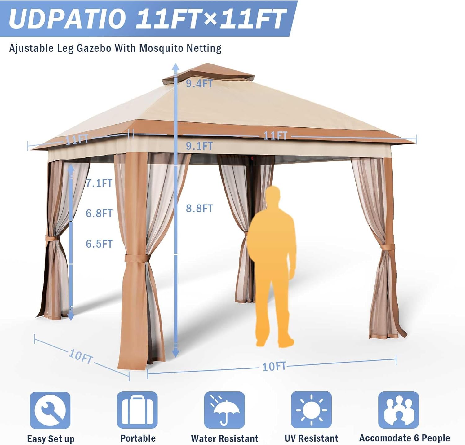 UDPATIO Gazebo desplegable de 11 x 11 pies, para patio al aire libre, impermeable, con mosquitera, para césped, jardín, patio trasero y cubierta,