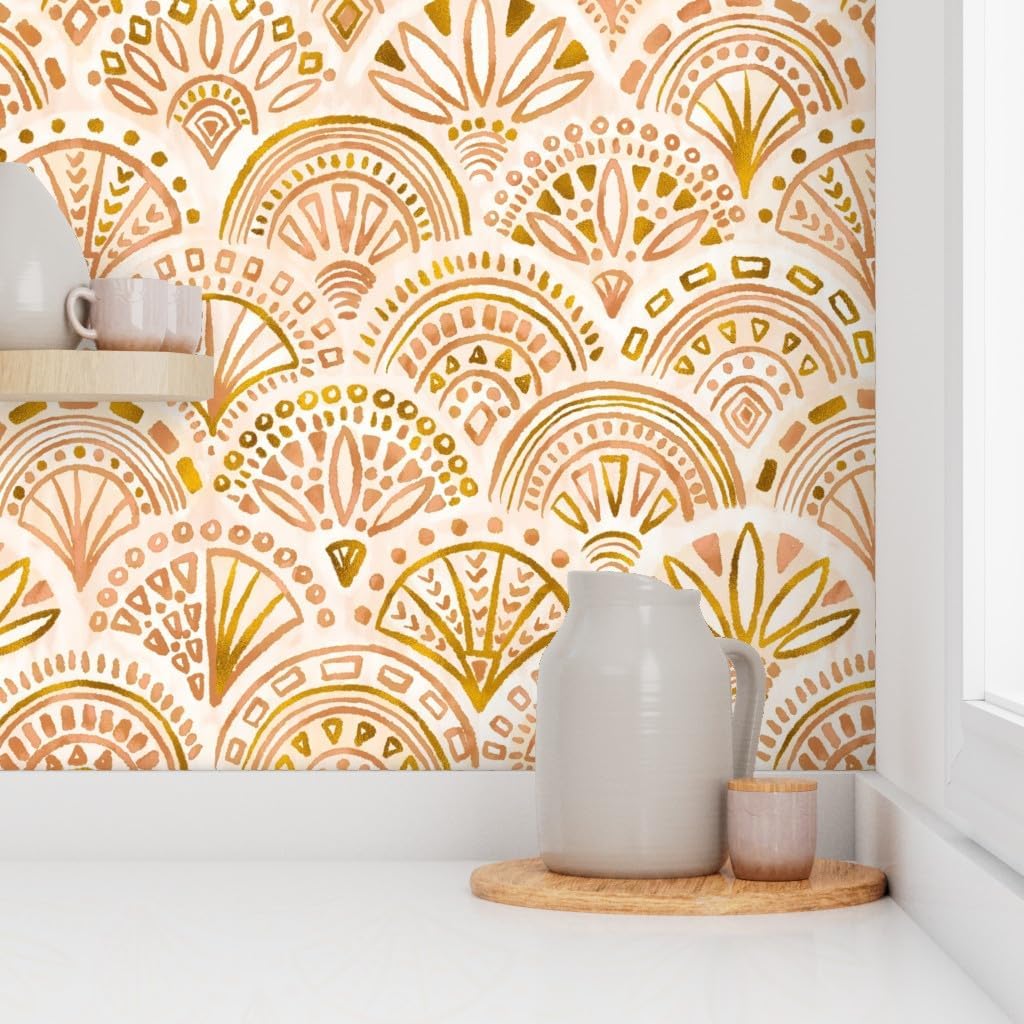 Spoonflower Peel & Stick Wallpaper Swatch – Seashell Geometry Gold Circles Geometric Dots Triangles Neutral Custom Removable Wallpaper