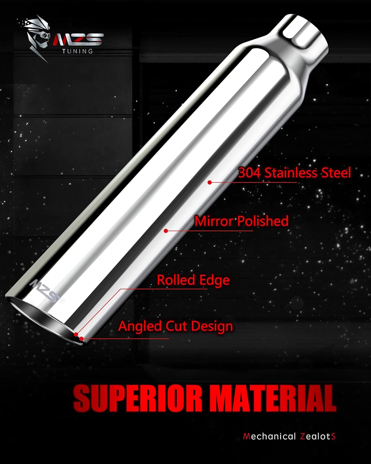 MZS Punta de escape, acero inoxidable 2.5 “Entrada 4″ Salida 17” Longitud Diesel Escape Tubo de escape universal Corte de ángulo inclinado