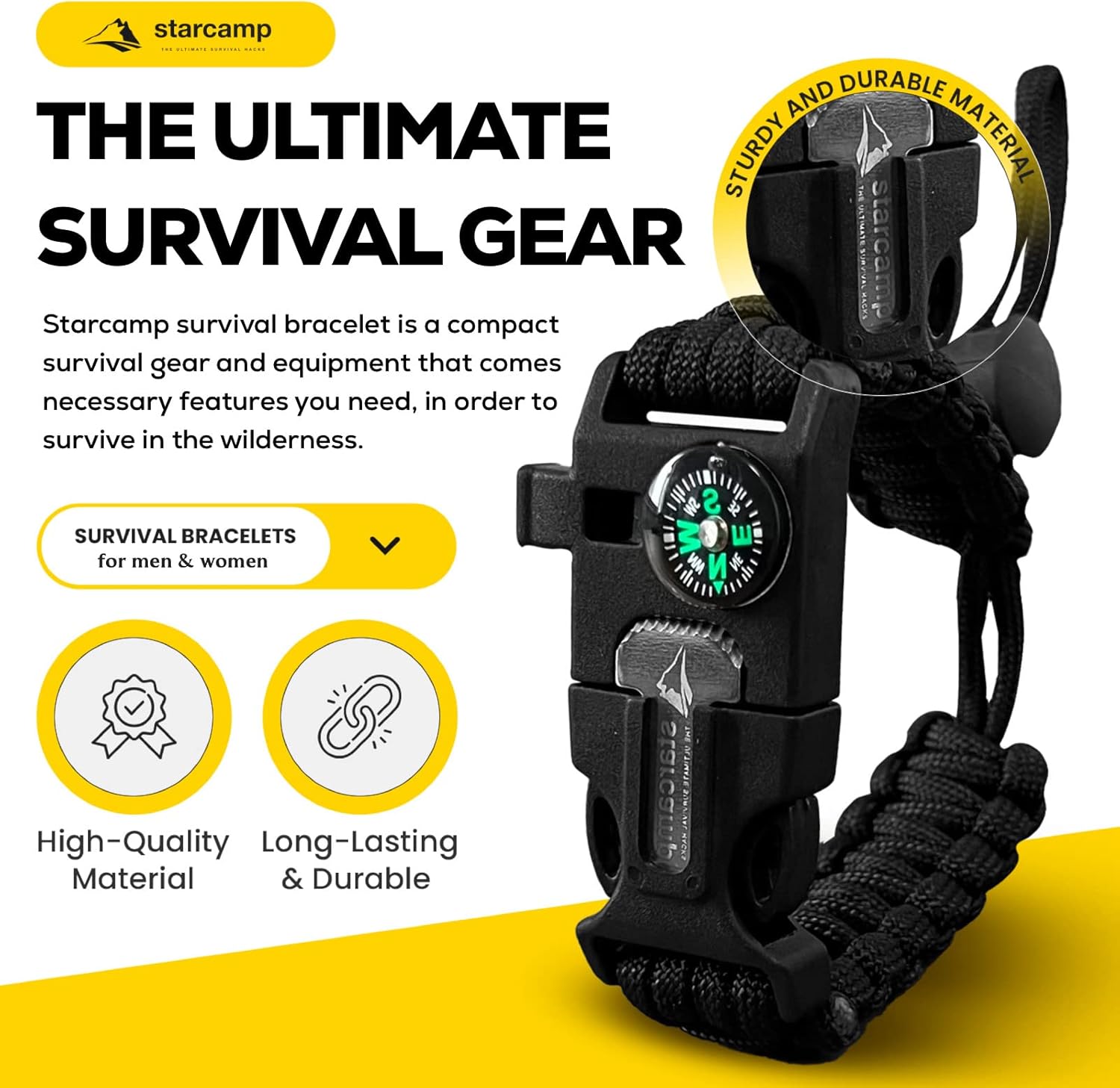 Starcamp – Pulsera de supervivencia de paracaídas, silbato fuerte, brújula de emergencia, raspador, accesorios para senderismo y campamento, paquete