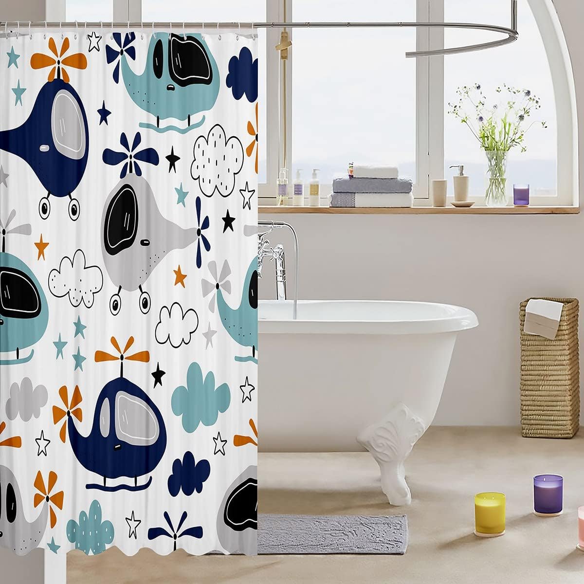 Cortina de ducha de helicóptero de dibujos animados para niños y niñas, juego de cortinas de ducha de baño de avión para niños, 72 x 72 pulgadas,