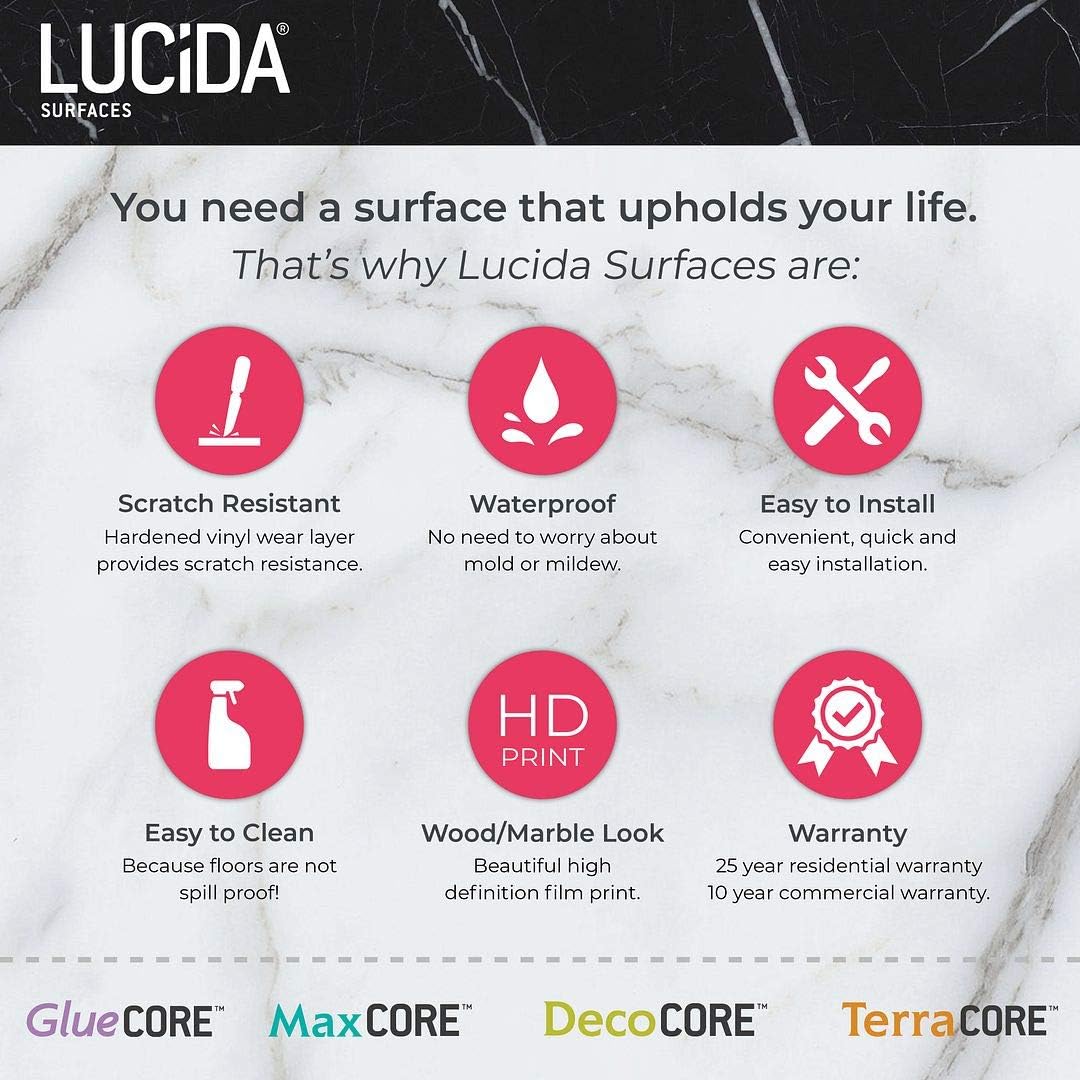 Lucida Surfaces Azulejos de vinilo de lujo  Suelo adhesivo adhesivo para instalación de bricolaje  18 tablones de aspecto de piedra  GlueCore+  36