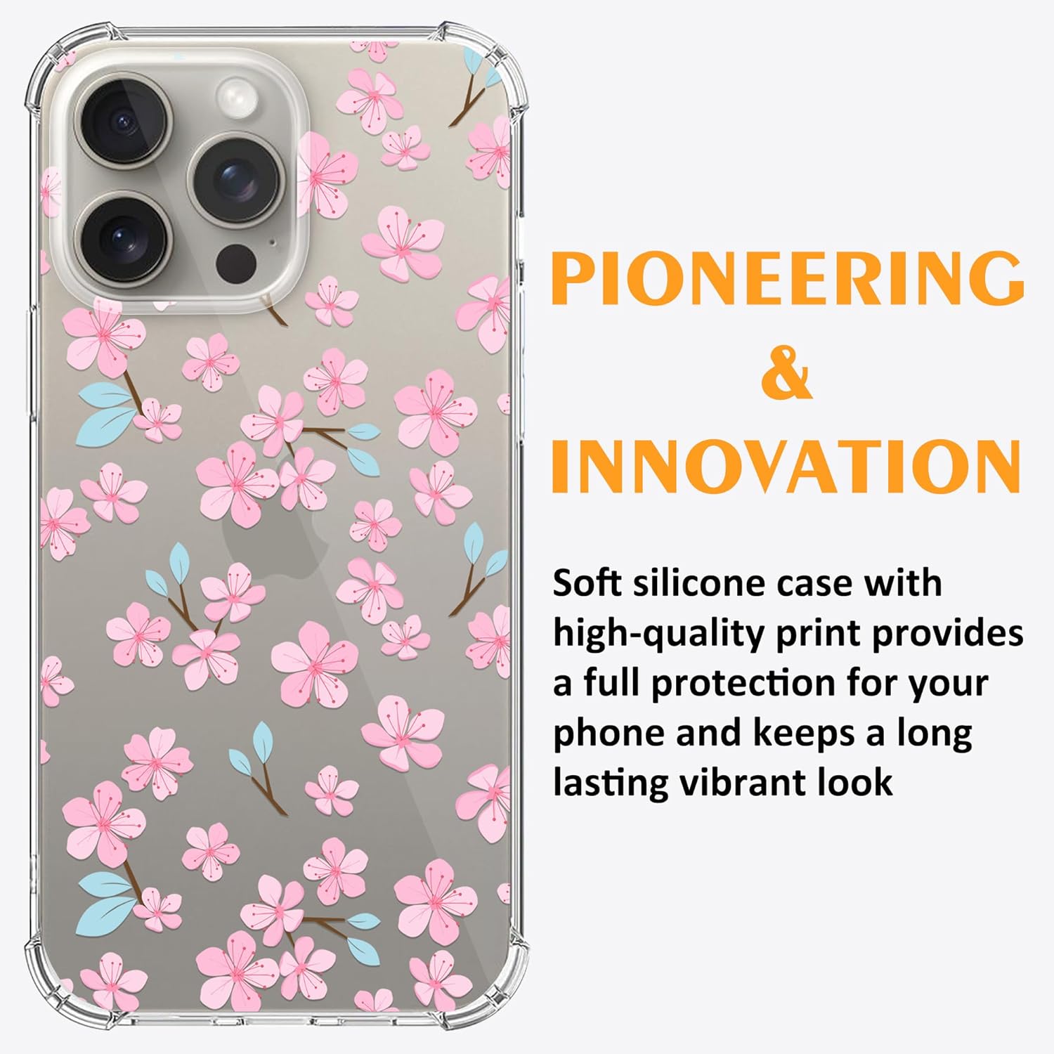 MSEAANBK Funda transparente de flor de cerezo diseñada para iPhone 15 Pro, funda transparente de flor de Sakura para iPhone 15 Pro para mujeres y