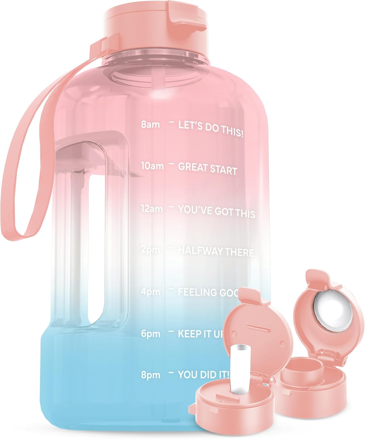 AQUAFIT Botella de agua de 1 galón con marcador de tiempo, botella de agua de 128 onzas con popote, botella de agua para el gimnasio, botella de